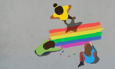 Illustration showing three people round a drawing of a rainbow.