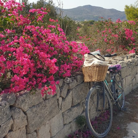 Bike by stone wall with bougainvillaea