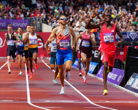 Phanuel Koech runs away from Josh Kerr in the final straight to win the men’s 1500m