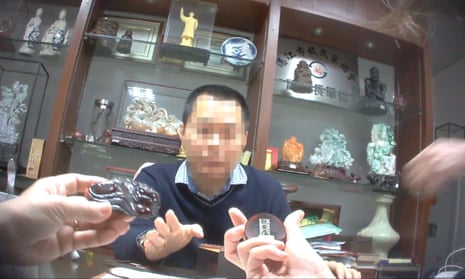 An illegal rhino horn dealer in China caught on camera in Elephant Action League’s undercover investigation. 