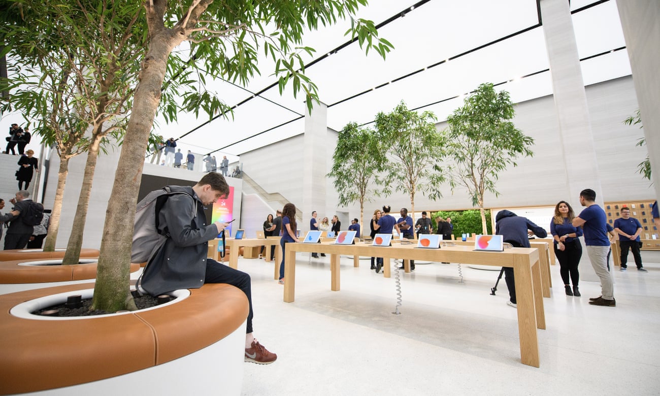 The upgraded Apple store in London features trees in the “Genius Grove” and has the goal of being a space for people to just hang out in.