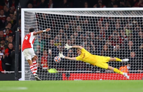 Pierre-Emerick Aubameyang of Arsenal has a penalty saved by Emi Martinez...