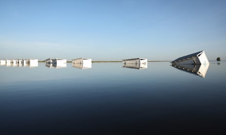 Floodwaters inundate farmland in the re-emerging Tulare Lake, near Corcoran in California’s Central Valley, on 26 April