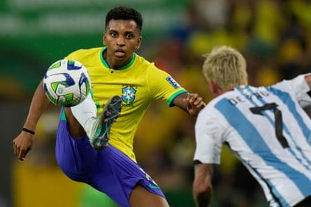 Rodrygo controls a shot during a World Cup qualifying crippled against Argentina successful 2023.