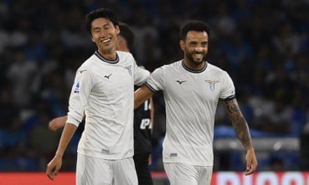 Daichi Kamada (left) and Felipe Anderson celebrate after the Japan international put Lazio 2-1 up.