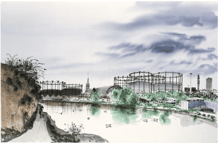 A watercolour of gasometers seen from Regent’s Canal, 2018.