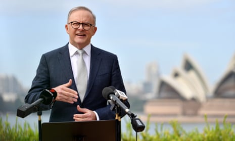 Anthony Albanese speaks to the media during a press conference in Sydney with the Opera House in the background