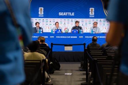 Rudi Garcia (second left) and Charles De Ketelaere (second right) face the press in Seattle