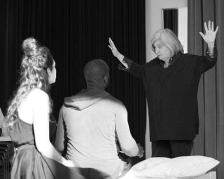 Patsy Rodenburg coaching two young actors with her hands held up wide