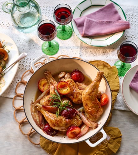 Roast chicken legs, plums and marsala.