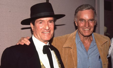 Hugh O’Brian with Charlton Heston at the Annual Golden Boot awards, Los Angeles, in 1991.