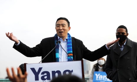 Andrew Yang announces his candidacy in upper Manhattan on Thursday. Yang is entering a crowded field of about a dozen mayoral candidates.
