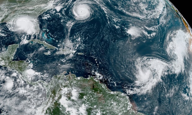 A NOAA satellite image showing five tropical cyclones churning in the Atlantic basin on Monday.