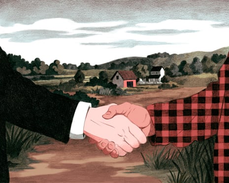 Illustration of a closeup of two people shaking hands in a countryside landscape