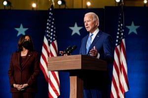 Joe Biden, joined by Kamala Harris, speaks one day after Americans voted in the presidential election.