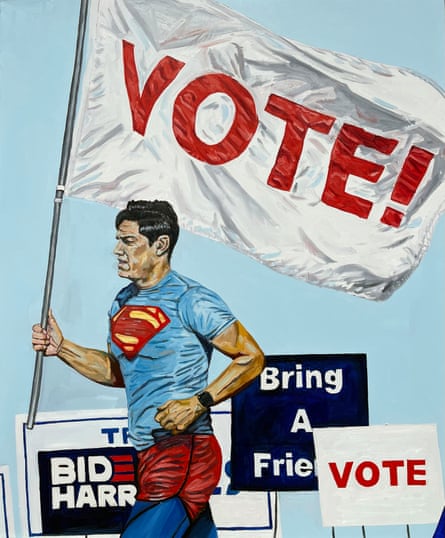 a painting of a man in a superman t-shirt running and holding a flag that says vote