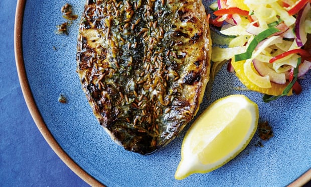 Nathan Outlaw’s barbecued mackerel with fennel, red onion and orange salad.