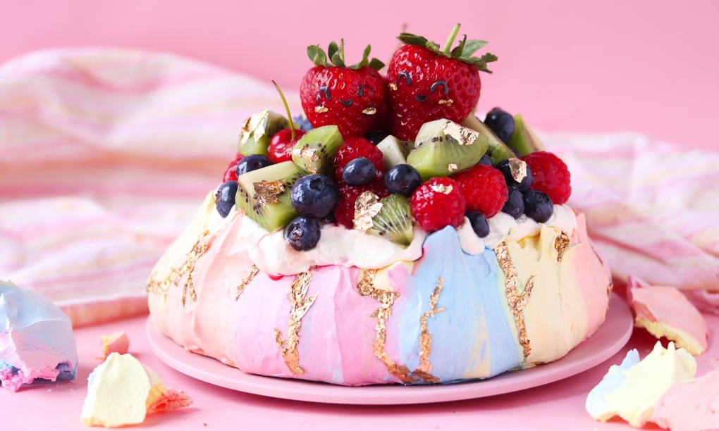 The colourful variant … Kim-Joy’s rainbow pavlova.