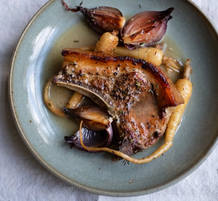 Nigel Slater’s pork, cider and parsnips.