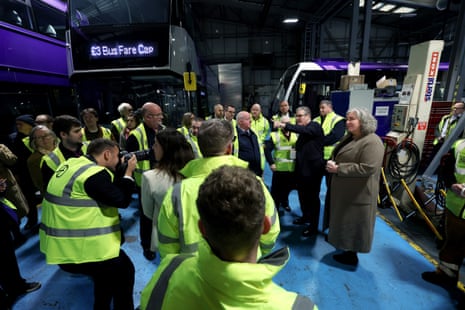 Keir Starmer speaking to workers at a bus depot in Norwich today.