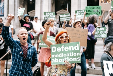 Pro-choice activists protest the Texas judge’s ruling in New York in April 2023.