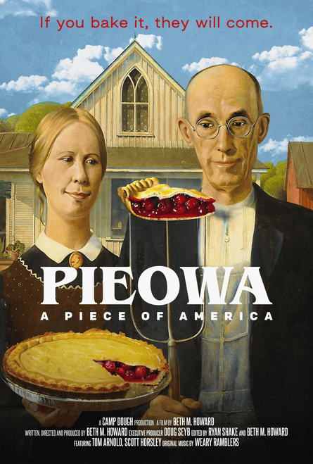 movie poster with man, woman and pie