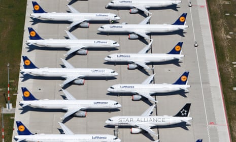 An aerial view shows air planes of Lufthansa sitting on the tarmac at the Berlin Brandenburg International Airport