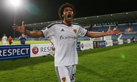 Mohamed Elneny celebrates at the end of Basel’s Europa League match with Os Belenenses in November 2015.