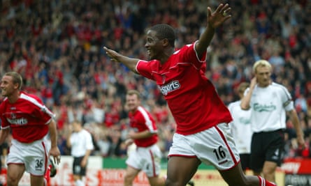 Kevin Lisbie celebrates after scoring the second of his three goals for Charlton against Liverpool in 2003