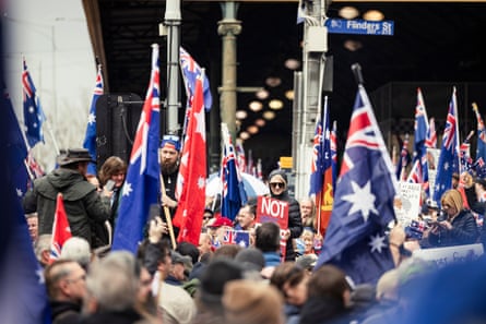 Protesters at the March for Australia rally in Melbourne’s CBD on 31 August 2025.