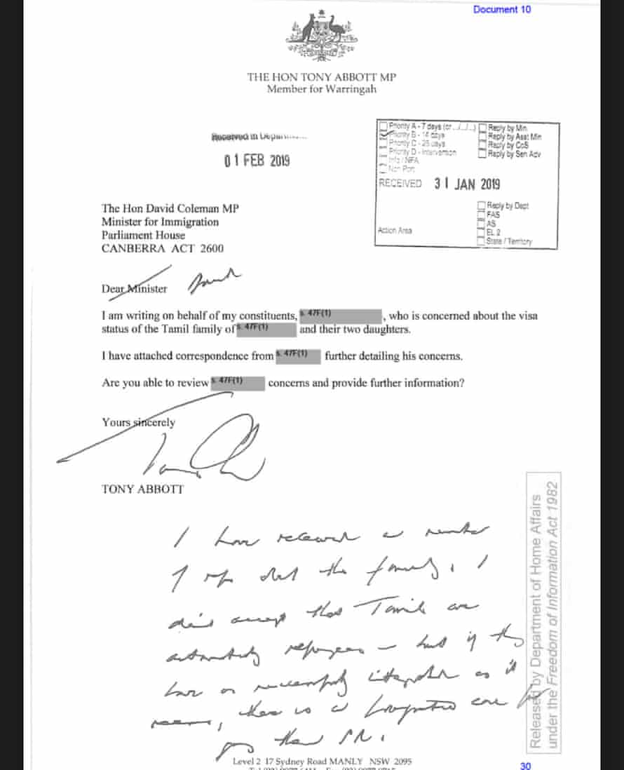 Une lettre manuscrite de Tony Abbott au ministre de l'Immigration de l'époque en 2019