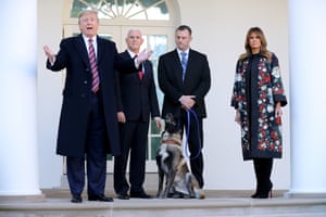 Trump at the White House with Mike Pence, Conan, Conan’s handler, and Melania Trump. The president predicted Conan would not retire yet, as she was in her ‘prime time’.