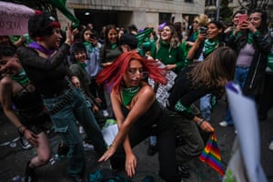 Bogotá, Colombia. Members of feminist groups commemorate the first anniversary of the decriminalisation of abortion up to 24 weeks of gestation in front of the supreme court