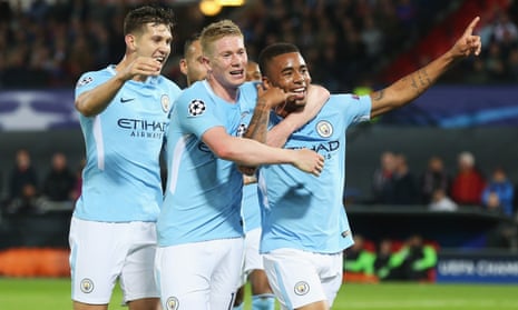 Gabriel Jesus of Manchester City is hugged by Kevin De Bruyne as he celebrates scoring his sides third goal.