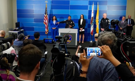 San Francisco police chief William Scott, center, provides an update on the Bob Lee homicide investigation.