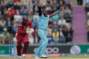 Jofra Archer of England appeals for the wicket of Sheldon Cottrell of West Indies.