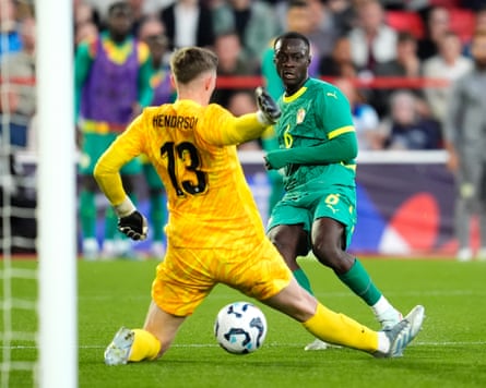 Habib Diarra scores for Senegal against England.
