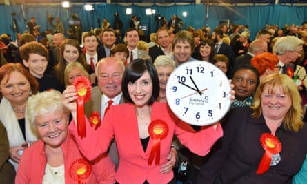Phillipson, holding a giant clock and surrounded by supporters in red rosettes, celebrates her win in Houghton and Sunderland South at the 2015 general election.