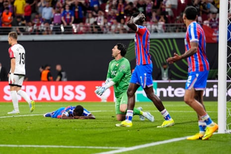 Crystal Palace’s Tyrick Mitchell reacts after missing a chance to score.
