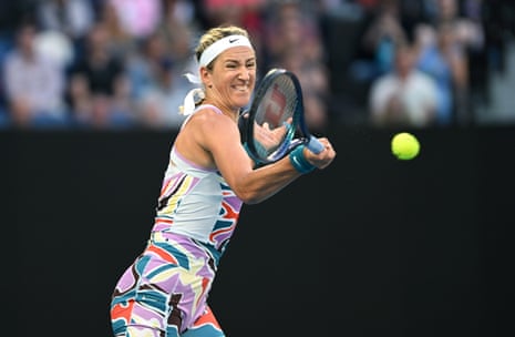 Australian Open 2023 semi-finals: Rybakina v Azarenka, Linette v Sabalenka – live | Australian Open 5 Victoria Azarenka holds her serve.