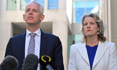 Andrew Giles and Clare O’Neil at a press conference outside Parliament House