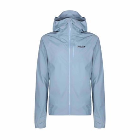 An Inov8 Stormshell FZ V2 jacket. It is light blue with a logo on the left breast. It has a hood and central zip. It is long-sleeved. It is on a white background.