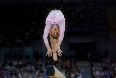 Tiana Sumanasekera of Sri Lanka competing on the beam in the women's artistic gymnastics team final.