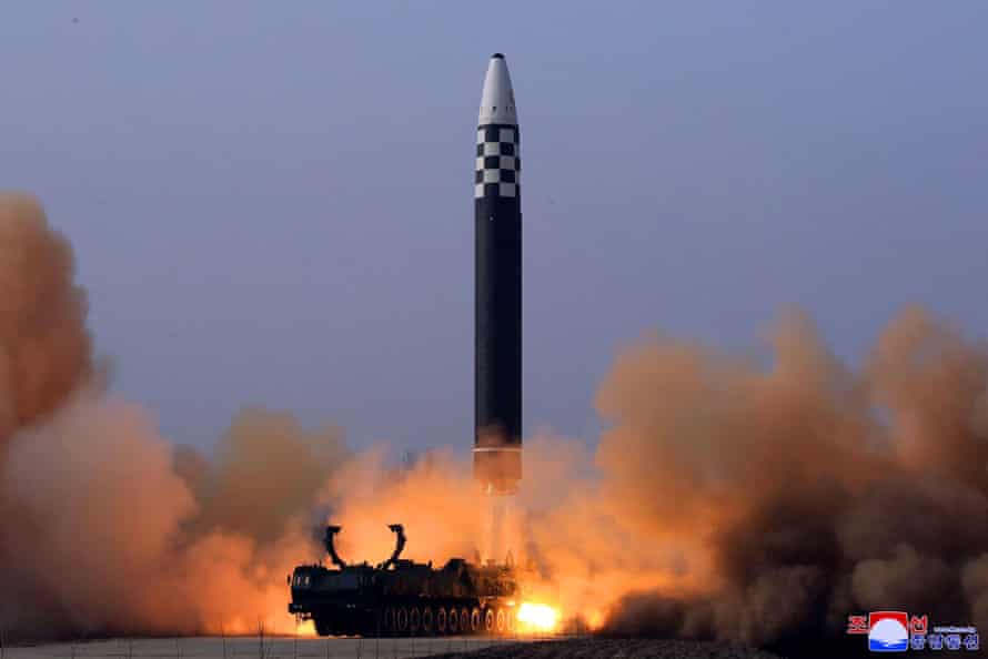 An image released by North Korean state media of the launch of the Hwasong-17.