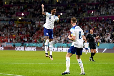 Wales 0-3 England: World Cup 2022 – live reaction | World Cup 2022 2 Marcus Rashford jumps for joy after scoring the third goal.