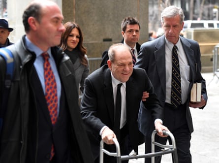 Harvey Weinstein arrives at a Manhattan court using a walking frame in January 2020.