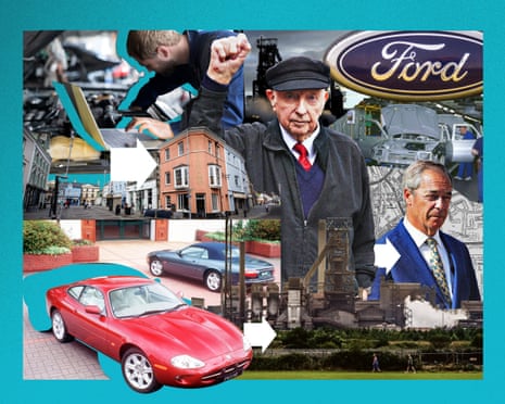 Clockwise: a mechanic, former National Union of Mineworkers (NUM) leader Arthur Scargill, blast furnaces of the Tata Steel plant, Ford logo, car assembly line, map of Bridgend, Farage, Port Talbot steelworks, Jaguar, Bridgend town centre