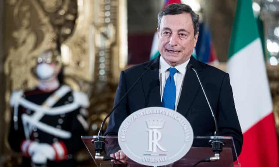 Mario Draghi speaks at Quirinal Palace in Rome, the official residence of the President of the Republic.