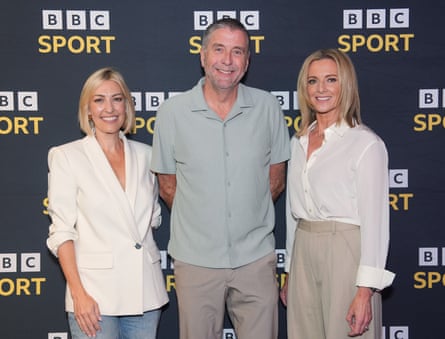 Kelly Cates, Mark Chapman and Gabby Logan at BBC Sport’s 2025-26 football season launch in London.
