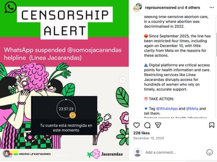 An Instagram post about Jacarandas’ WhatsApp being suspended headed ‘censorship alert’